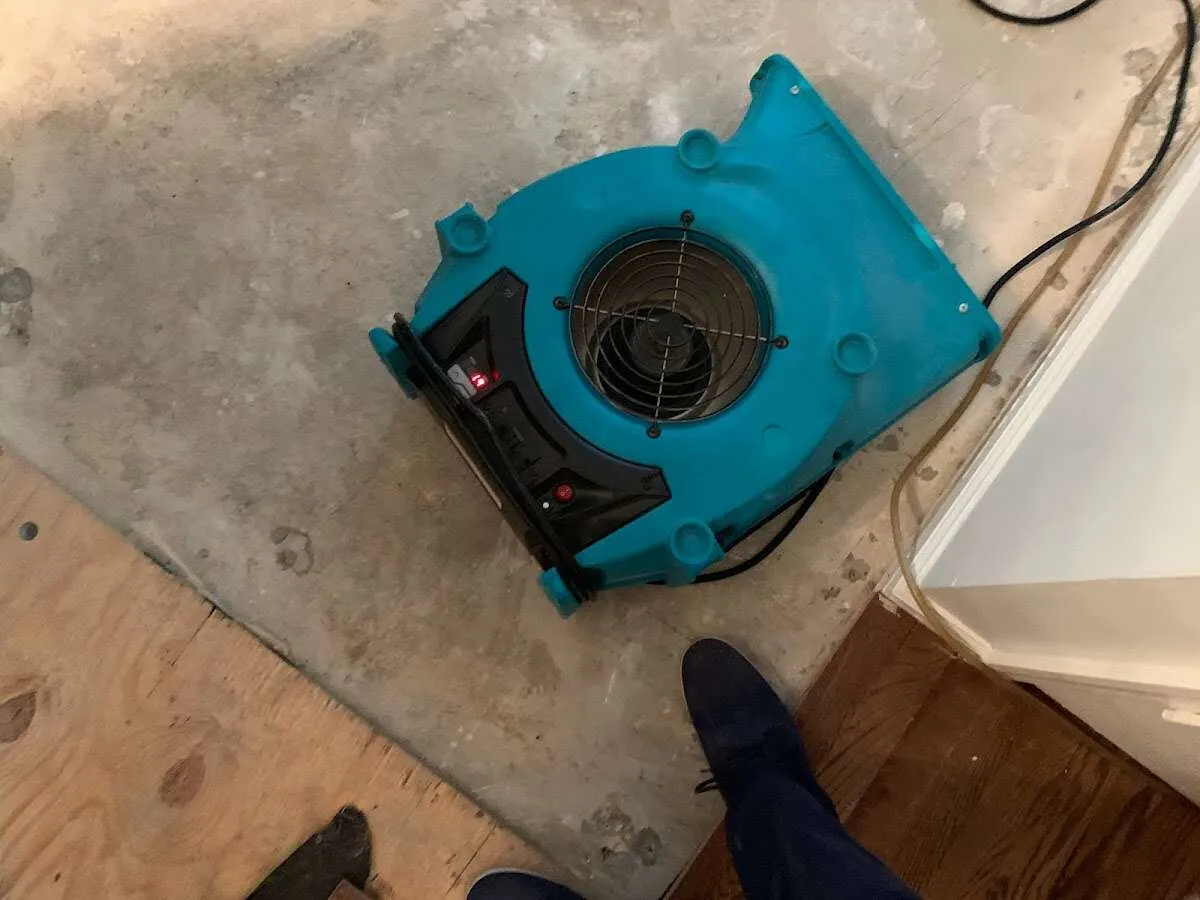 Air mover drying subfloor during Commercial Water Damage Restoration in Brewster